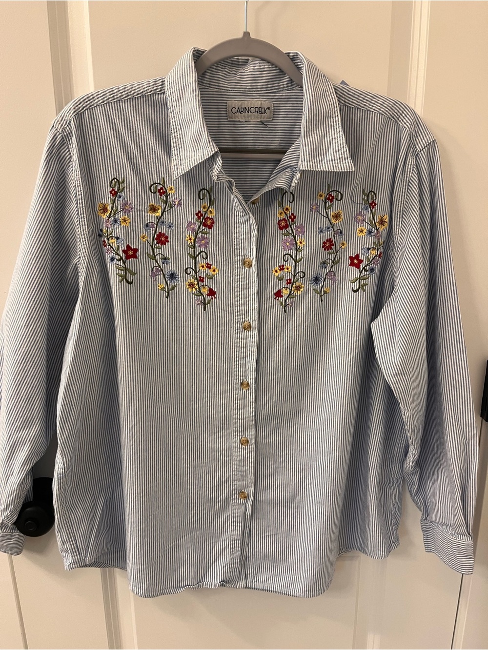 Cabin Creek White and Light Blue Striped Button-Down Shirt with Floral Emb
